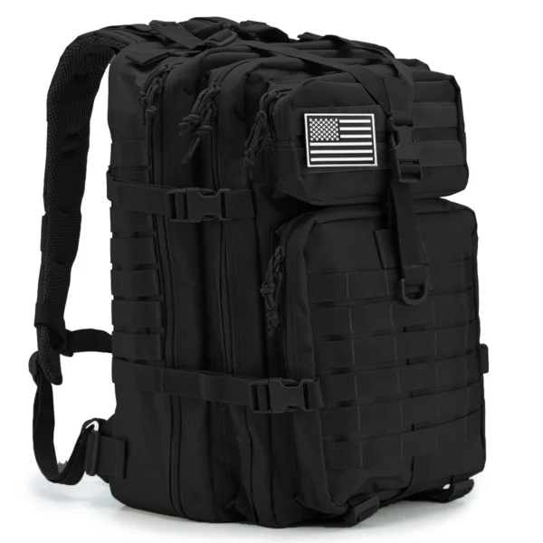 Tactical travel backpack in khaki 30L size packed for a weekend camping trip