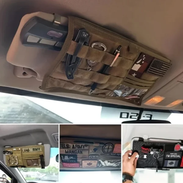 Khaki tactical MOLLE visor organizer pouch fitted to the sun visor of a pickup truck