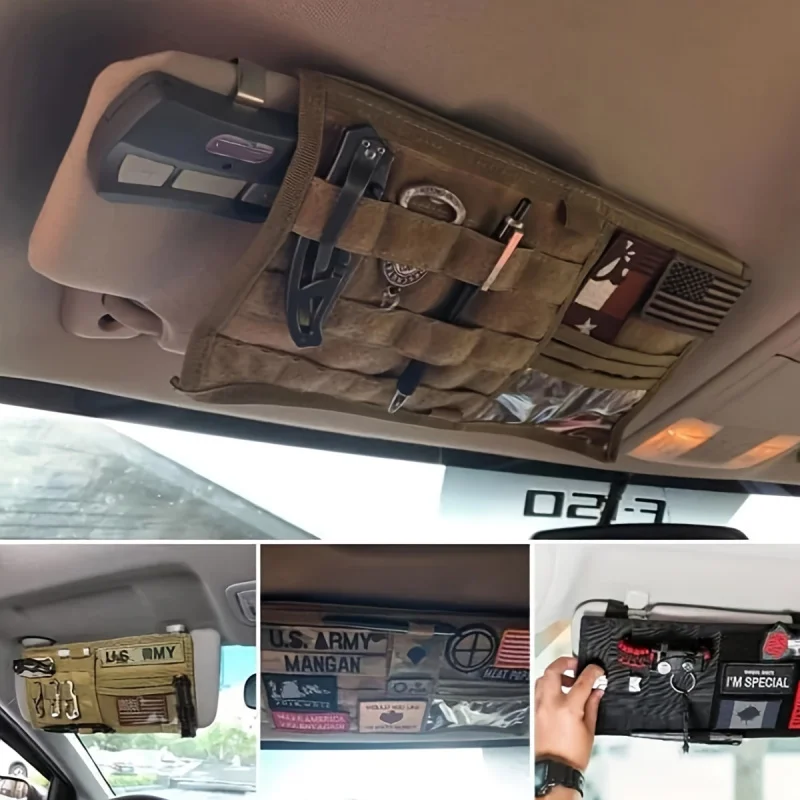 Tactical MOLLE Visor Organizer Pouch for Pickup Trucks KKJOY 1 Khaki tactical MOLLE visor organizer pouch fitted to the sun visor of a pickup truck