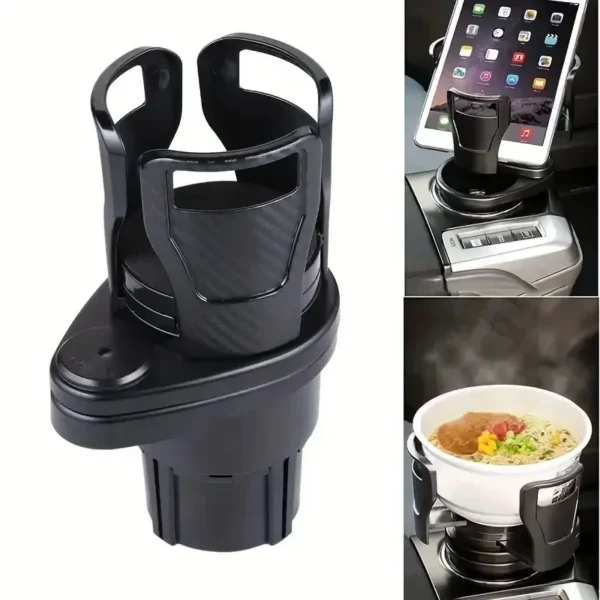 Rotating car cup holder with two drinks on the top tier and keys on the lower tier