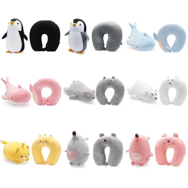 Cartoon animal travel pillow shaped like a penguin wrapped around a passenger's neck