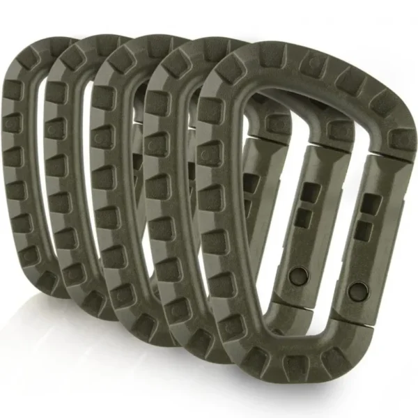 Plastic tactical carabiner clips in khaki D-shape design attached to a backpack strap