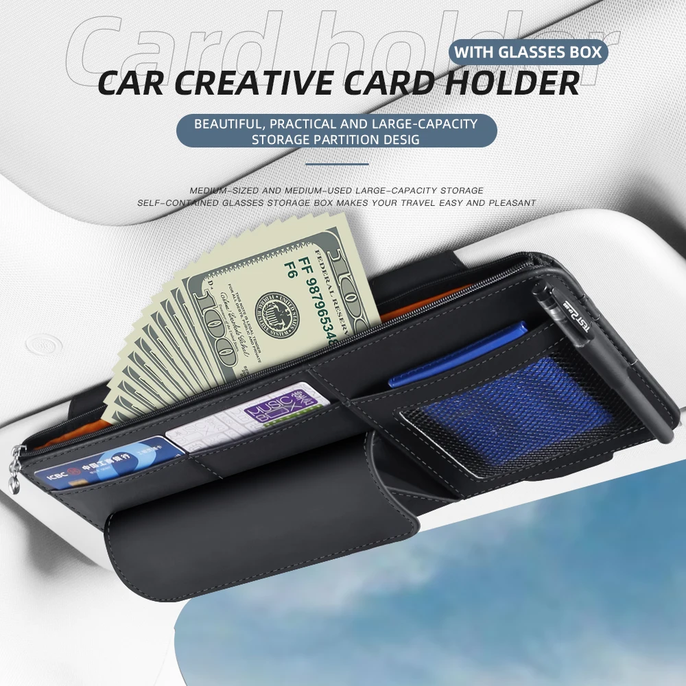 Leather Sun Visor Organizer with Photo Frame and Sunglasses Clip 4 Leather Sun Visor Organizer with Photo Frame and Sunglasses Clip - view 4