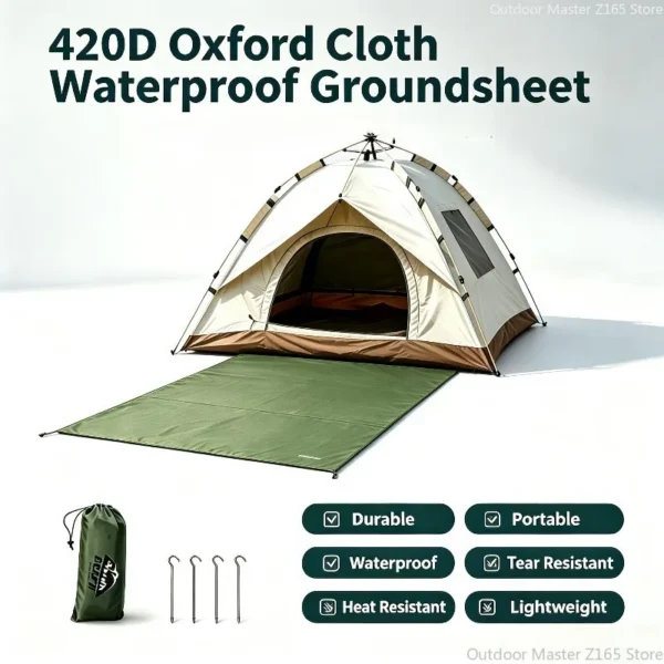 Oxford tent footprint in army green laid out under a camping tent with four ground nails
