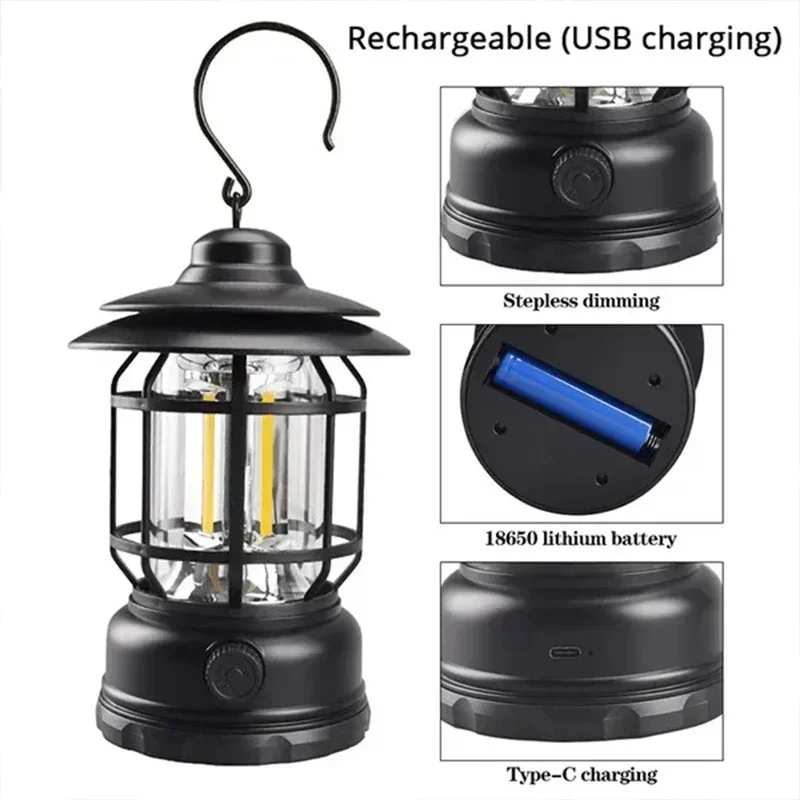 Retro Hanging Tent Lamp, USB Rechargeable, 1 or 2 Pack 6 Retro Hanging Tent Lamp, USB Rechargeable, 1 or 2 Pack - view 6