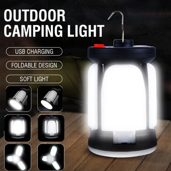 Foldable solar camping lantern with three side panels opened and a solar panel on top