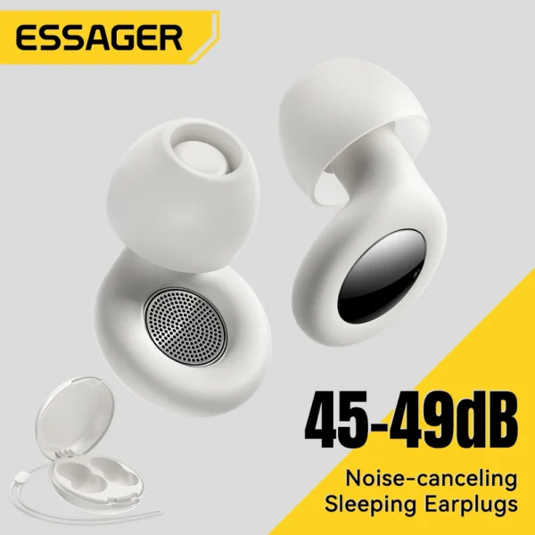 White silicone noise reduction ear plugs held in a palm next to a sleeping bag at a campsite