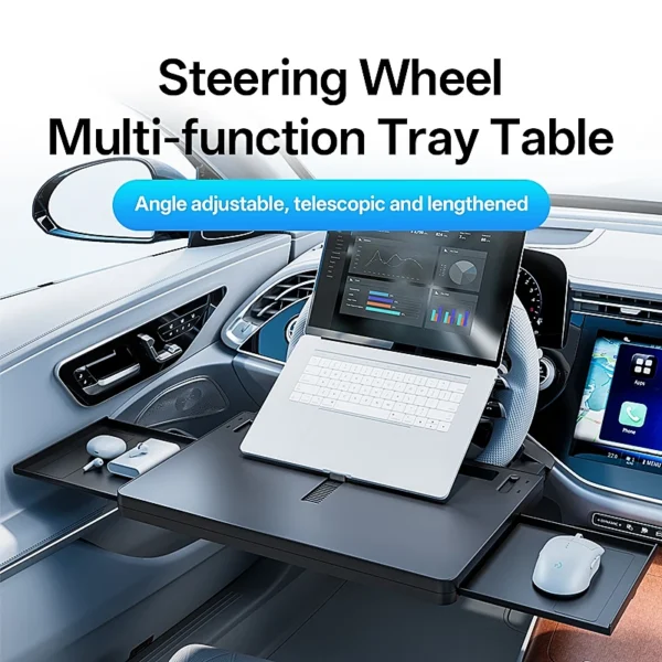 Black steering wheel tray table holding a laptop and a cup in a parked car driver seat