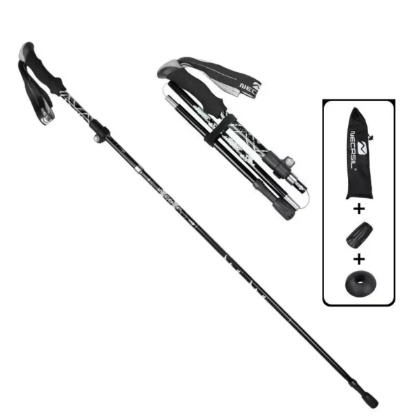Five section trekking poles pair in blue aluminum with EVA grips shown folded and extended