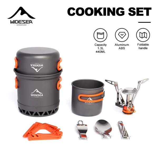 Camping stove cookware combo showing 1.3L pot, cup, gas stove, bracket and cutlery nested