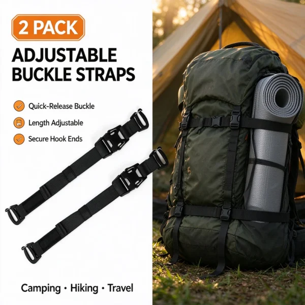 Backpack compression straps with quick release buckles securing a rolled mat to a hiking pack