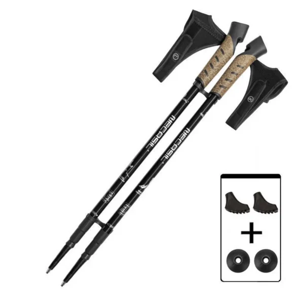 Cork nordic walking poles pair with aluminum shafts, wrist straps and steel tips
