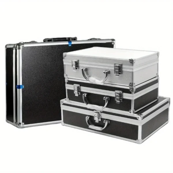 Aluminum equipment case in silver closed with handle, ready to load into a vehicle