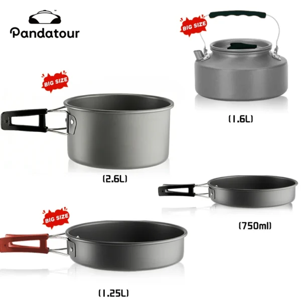 Aluminum camping cookware options showing a non-stick frypan, cooking pot and kettle