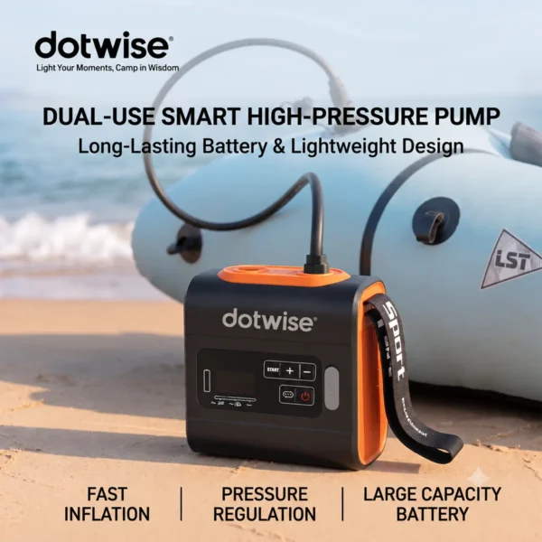 Electric sup pump in orange with hose attached for inflating an air paddle board
