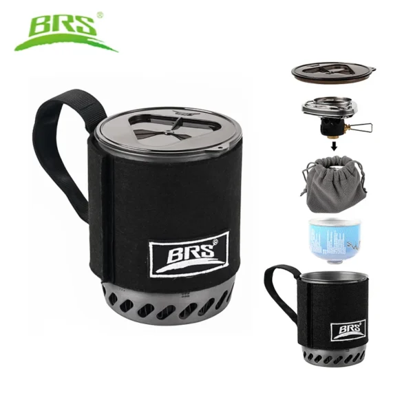 Jet boiler camping stove with heat collecting pot boiling water on a rocky hiking trail