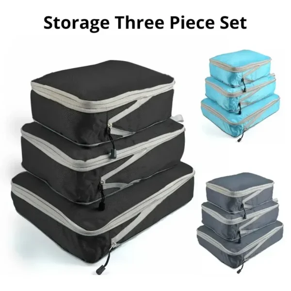 Large capacity compression bags in black, three sizes packed with clothes and stacked together