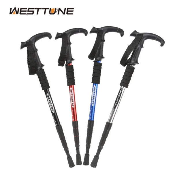 Folding t handle trekking pole in silver aluminum shown extended and collapsed