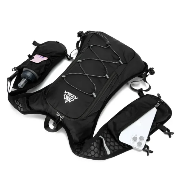 Reflective sports vest backpack in black nylon with reflective trim, shown front-on on a runner