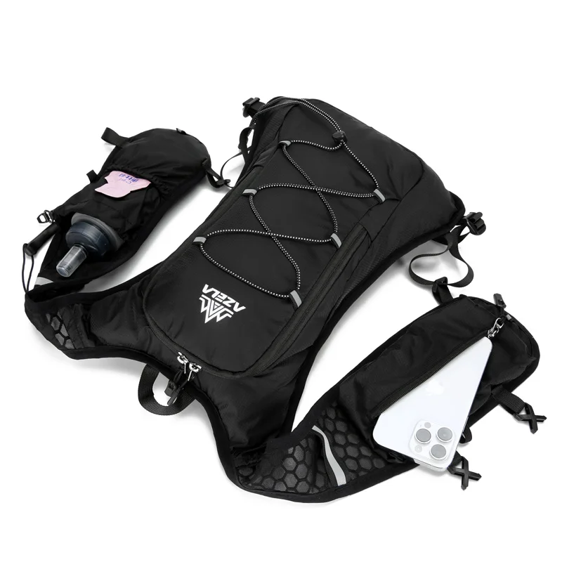 Reflective Sports Vest Backpack in Lightweight Nylon, Unisex 1 Reflective sports vest backpack in black nylon with reflective trim, shown front-on on a runner