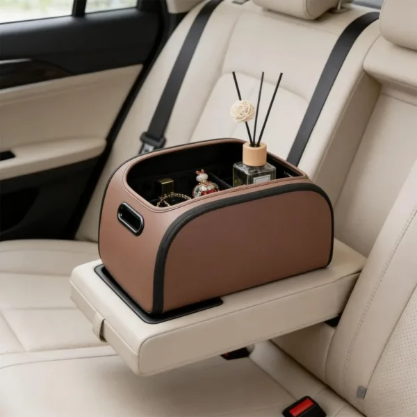 Brown nappa leather front passenger storage box with a wide opening in a car interior