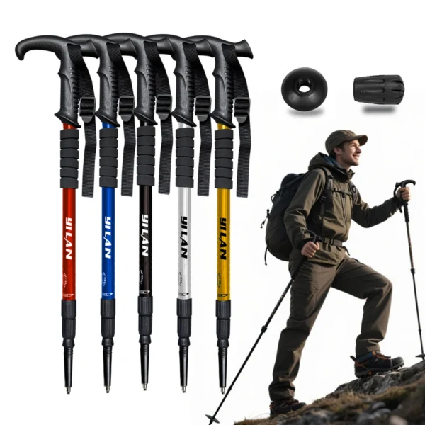 Shock absorbing trekking poles in red aluminum with foam T-handle, spring absorber and tungsten tip