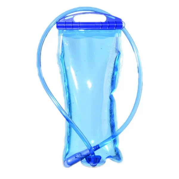 BPA free water bladder reservoir in the 2L size, lying flat beside a running hydration vest