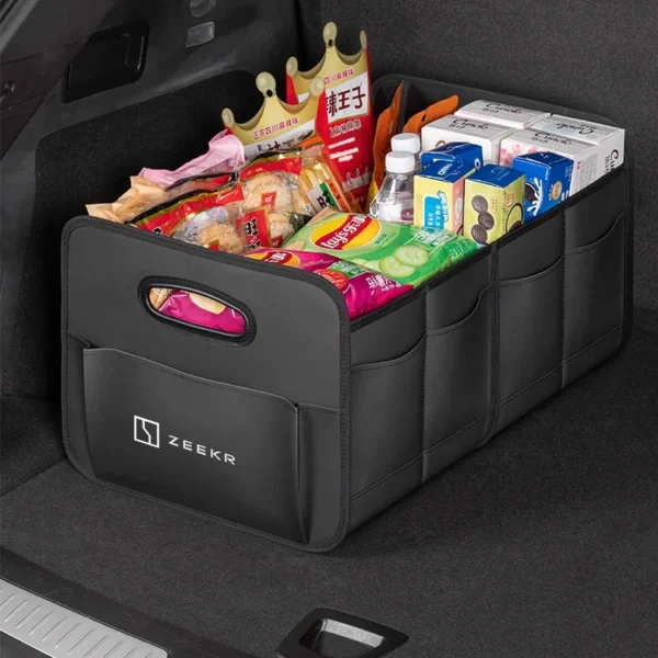 Brown large leather trunk box with groceries inside the cargo area of a ZEEKR EV