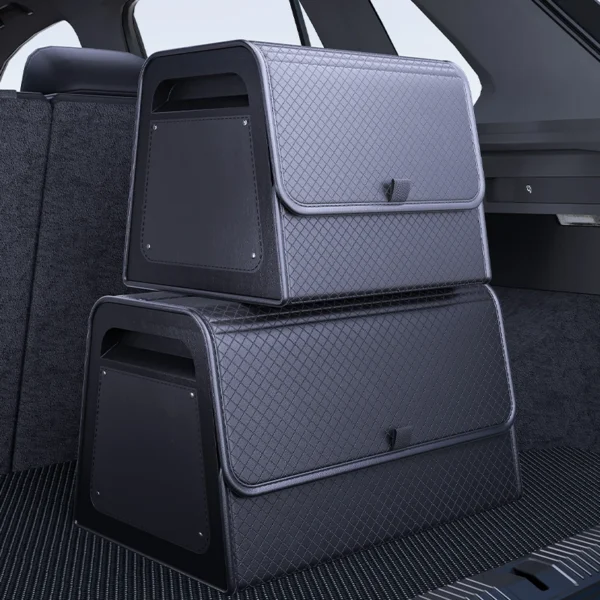Beige magnetic lid trunk organizer in PU leather with dividers inside, sitting in a car trunk