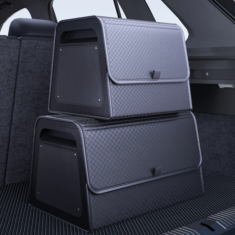 Magnetic Lid Trunk Organizer PU Leather with ABS Frame 1 Beige magnetic lid trunk organizer in PU leather with dividers inside, sitting in a car trunk