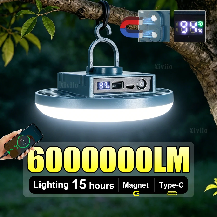 Magnetic Camping Work Light with Power Bank and Digital Display 1 Magnetic camping work light with hanging hook, magnetic base and digital power display