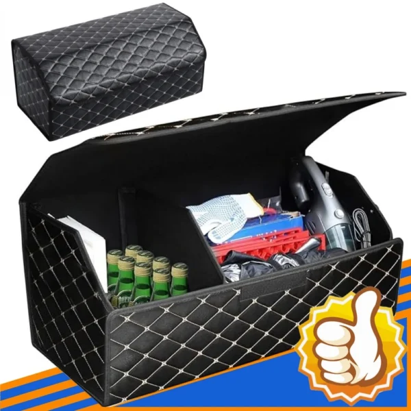 Waterproof car storage box in brown faux leather holding groceries in a car trunk