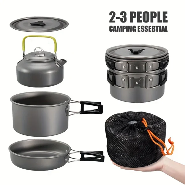 Nested aluminum cookware set with 2L pot, lid, bowl and spouted kettle stacked on a camp table