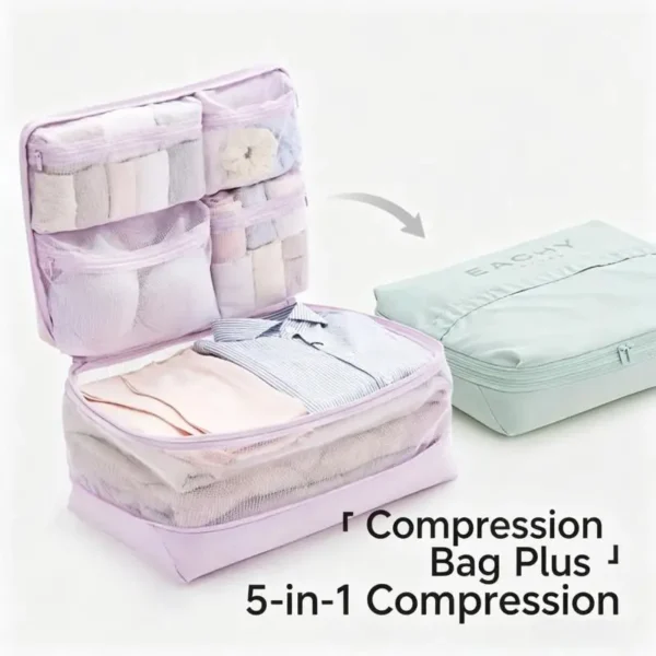 Multi compartment packing cube with visible mesh window, packed and compressed in a suitcase