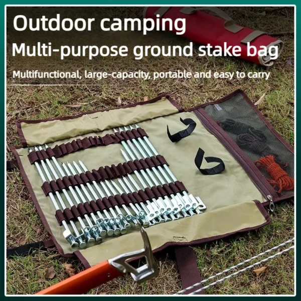 Tent stake roll bag in PVC opened to show pegs, a camp hammer and guy ropes in elastic slots