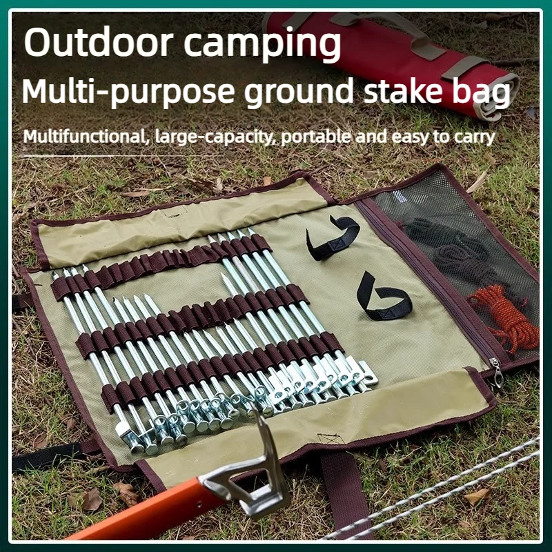 Tent Stake Roll Bag Heavy Duty PVC Peg and Hammer Organizer 1 Tent stake roll bag in PVC opened to show pegs, a camp hammer and guy ropes in elastic slots