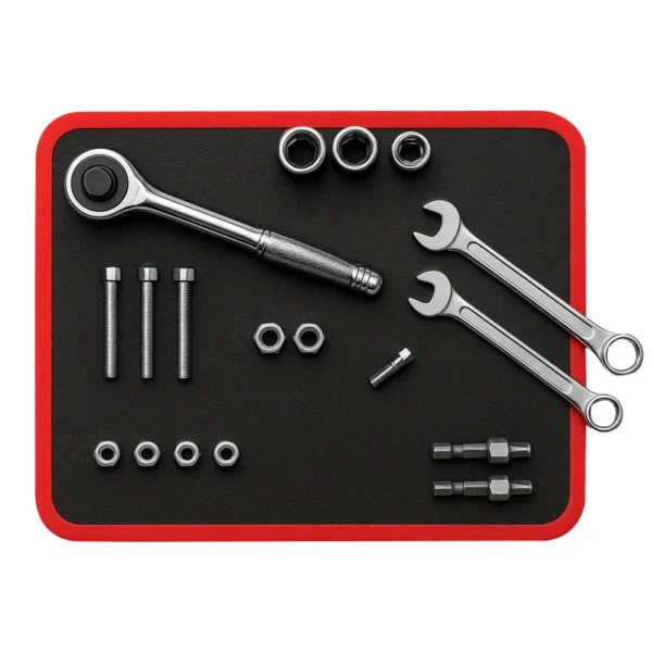 Magnetic tool storage mat holding screws, nuts and a wrench on a workbench