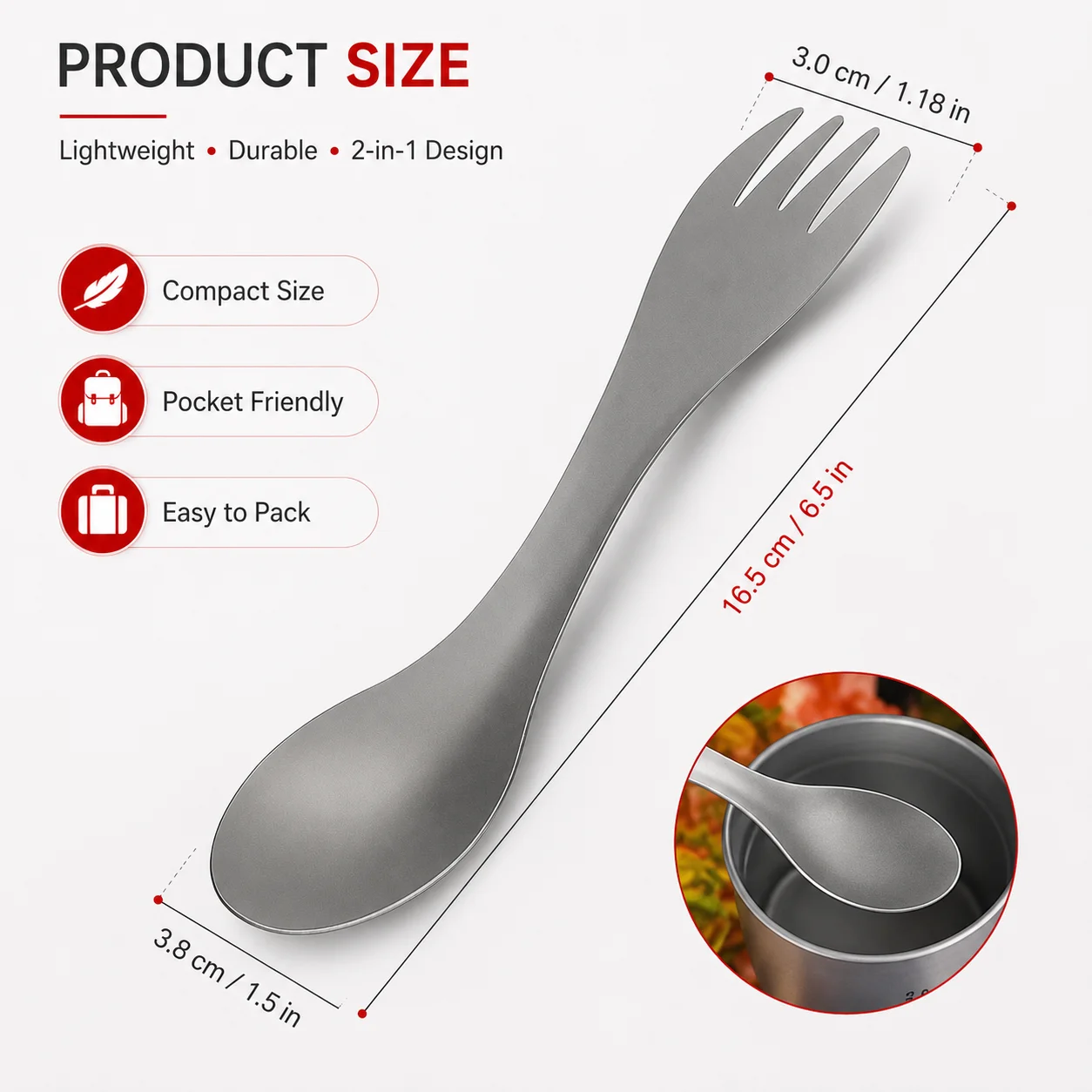 Titanium Camping Spork, 2 in 1 Spoon and Fork, PINMOAP 5 Titanium Camping Spork, 2 in 1 Spoon and Fork, PINMOAP - view 5