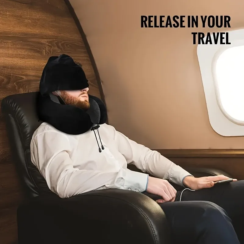 Hooded Travel Neck Pillow U Shape Memory Foam Removable Cover 4 Hooded Travel Neck Pillow U Shape Memory Foam Removable Cover - view 4