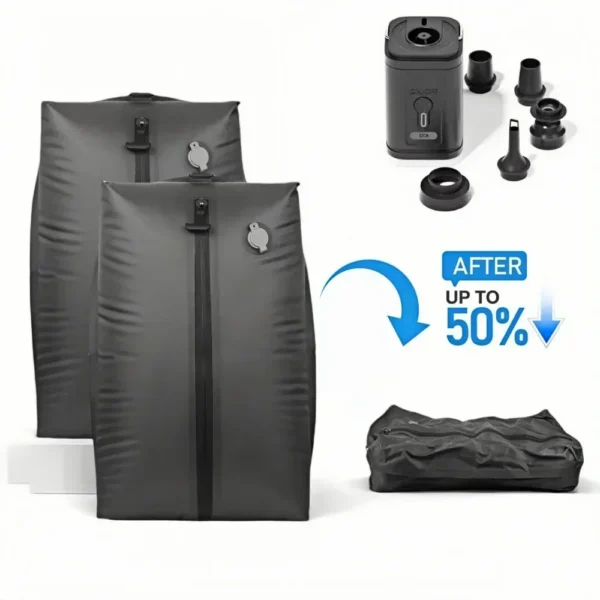 Airtight zipper vacuum bags in TPU compressing clothes flat beside a portable air pump