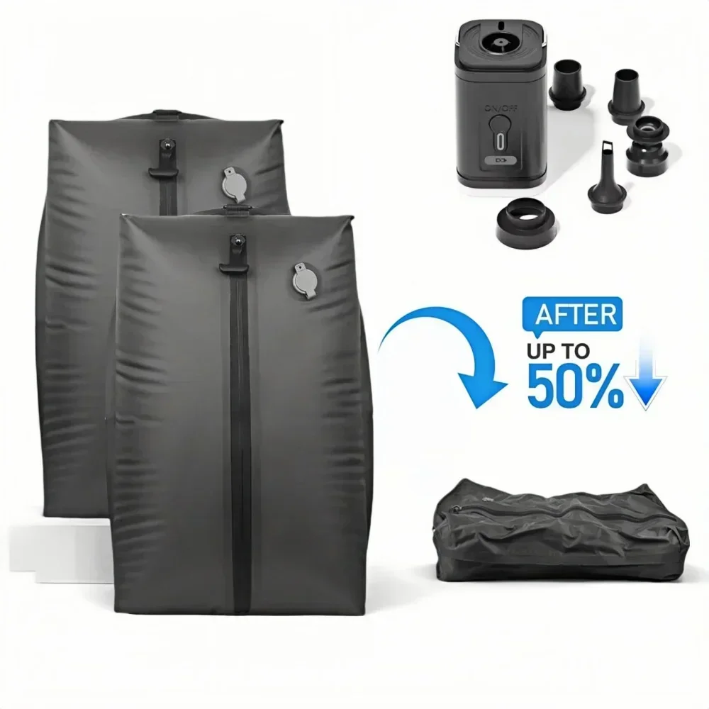 Airtight Zipper Vacuum Bags in TPU, 9L to 41L with Pump Option 1 Airtight zipper vacuum bags in TPU compressing clothes flat beside a portable air pump