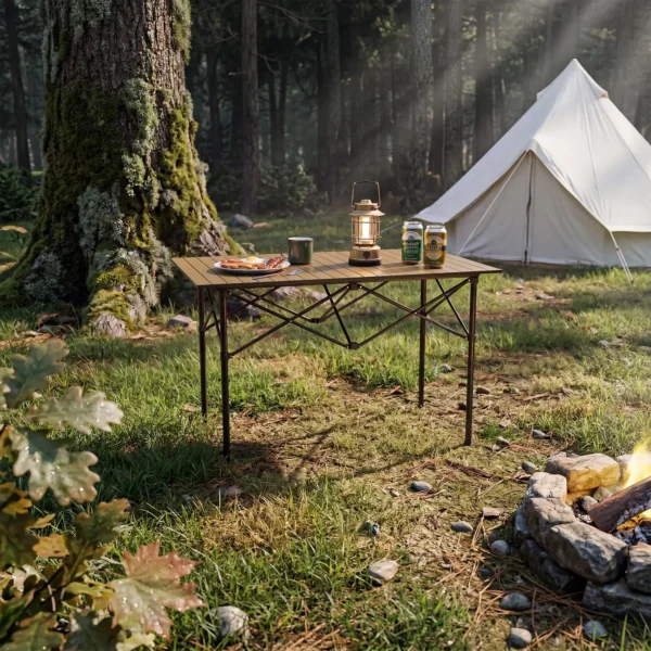 Aluminum adjustable camping table with roll up wood color top on a steel X-frame at camp