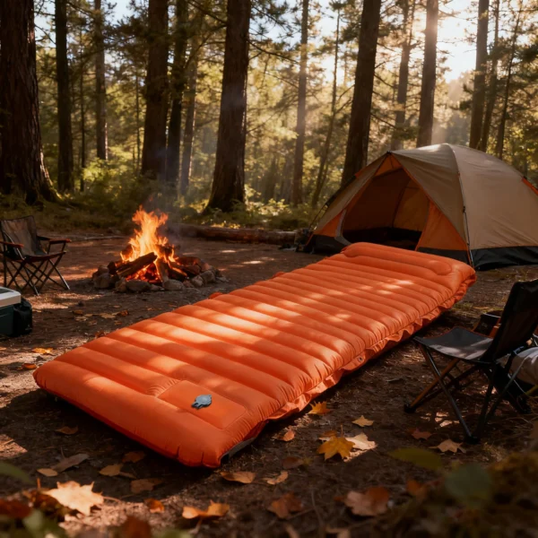 Green 4 inch thick self inflating pad laid out inside a tent with its built-in pump visible