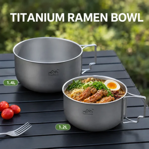Titanium bail handle pot with folding stainless steel handle, shown from the side