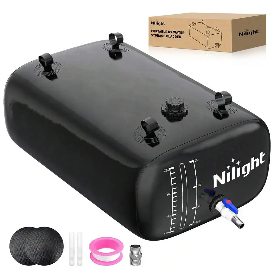 Collapsible Water Bladder Tank 240L Potable RV Storage Nilight 1 Collapsible water bladder tank in black lying flat in a truck bed, filled with potable water