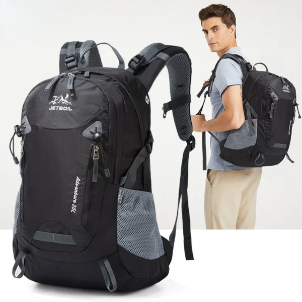 35L waterproof hiking backpack in orange nylon with large main compartment