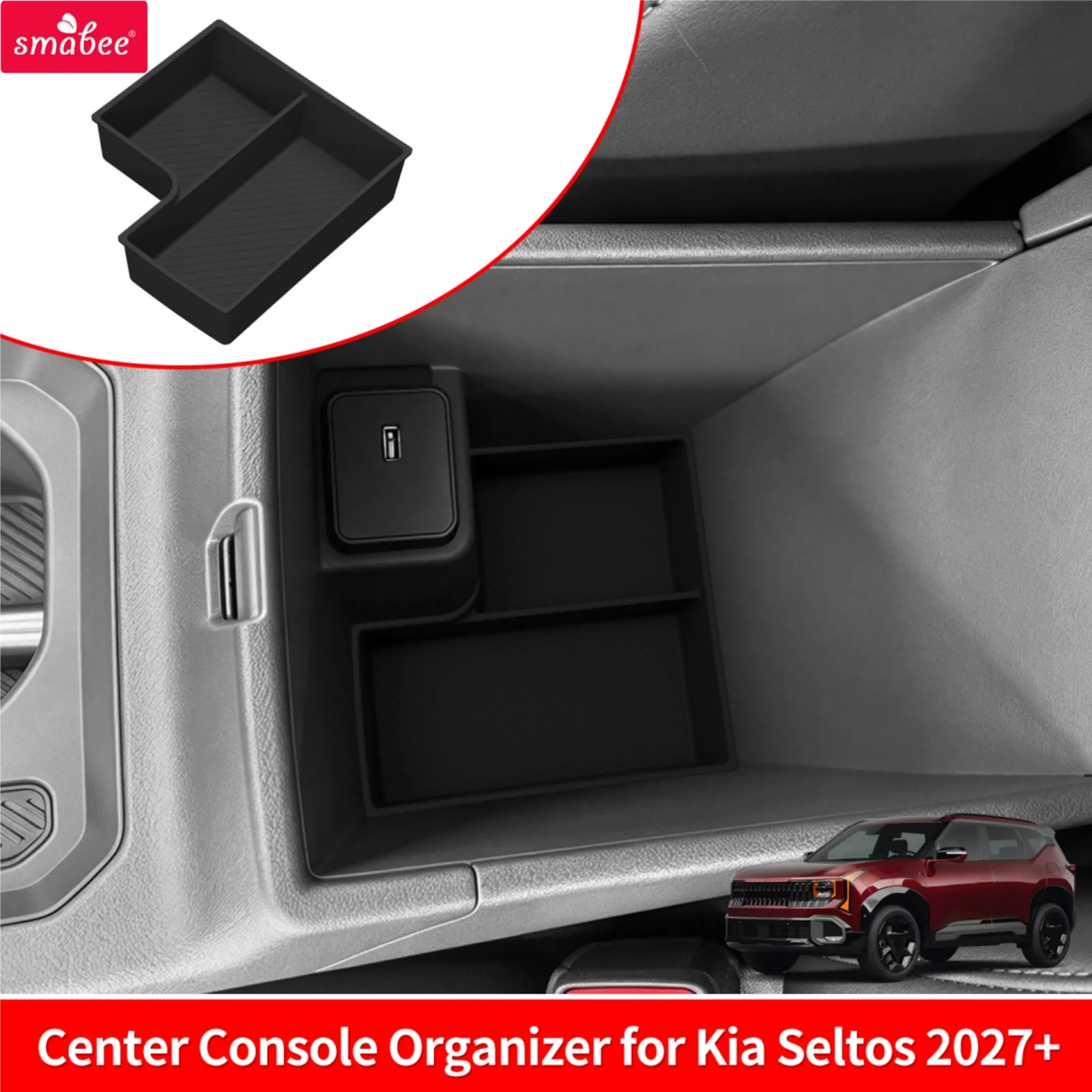 Silicone Armrest Lower Tray for US Version Kia Seltos 2027 Plus 1 Silicone armrest lower tray placed inside the center console of a Kia Seltos