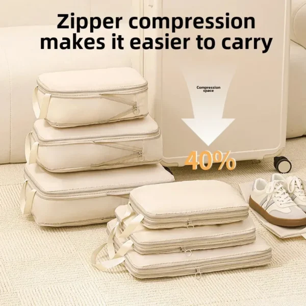 Travel compression packing cubes in blue, four zippered bags filled with folded clothing