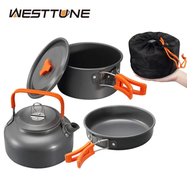 Camping pot teapot set with aluminum cooking pot, frying pan and kettle on a camp stove