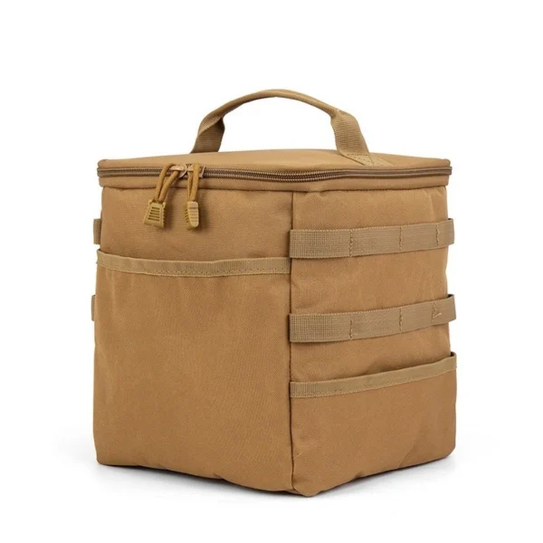 Khaki camp cookware storage bag open with fuel canisters, camp pots and ground stakes inside